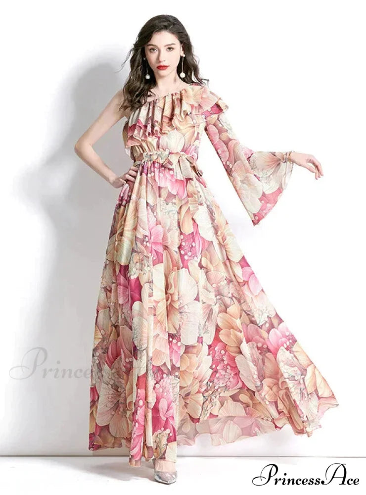 Ruffled Beach Print Dress with One-Shoulder L / BLACK