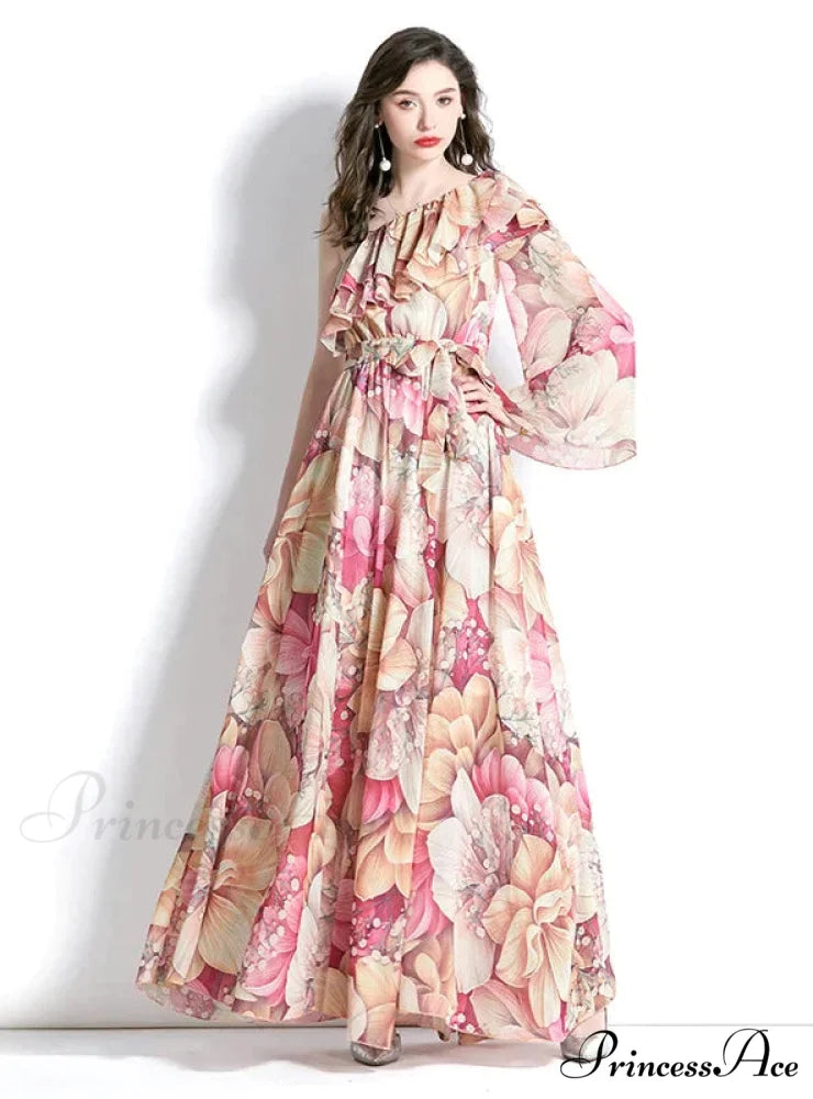 Ruffled Beach Print Dress with One-Shoulder L / PINK