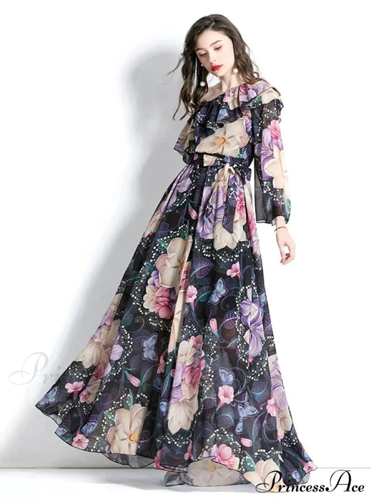 Ruffled Beach Print Dress with One-Shoulder M / BLACK