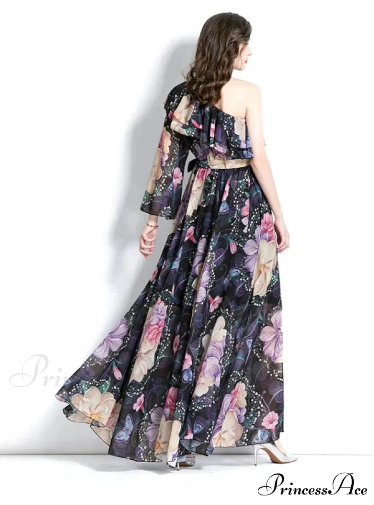 Ruffled Beach Print Dress with One-Shoulder M / PINK
