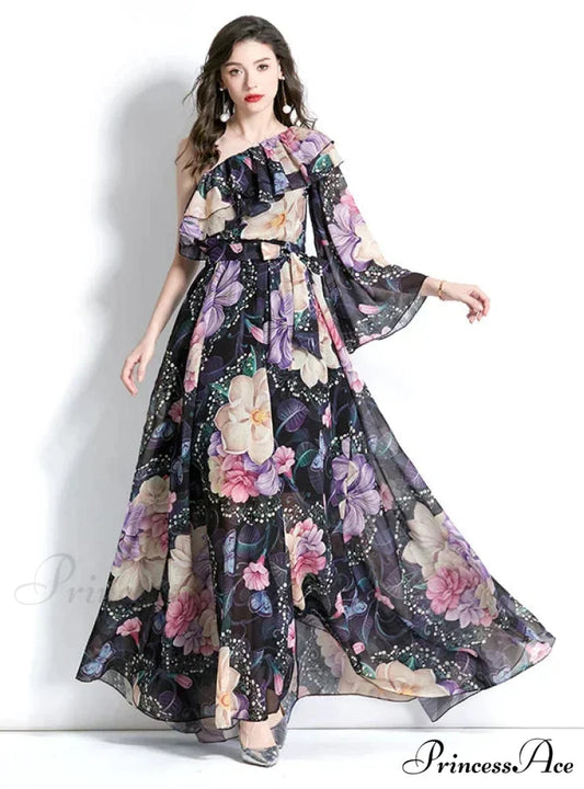 Ruffled Beach Print Dress with One-Shoulder S / BLACK