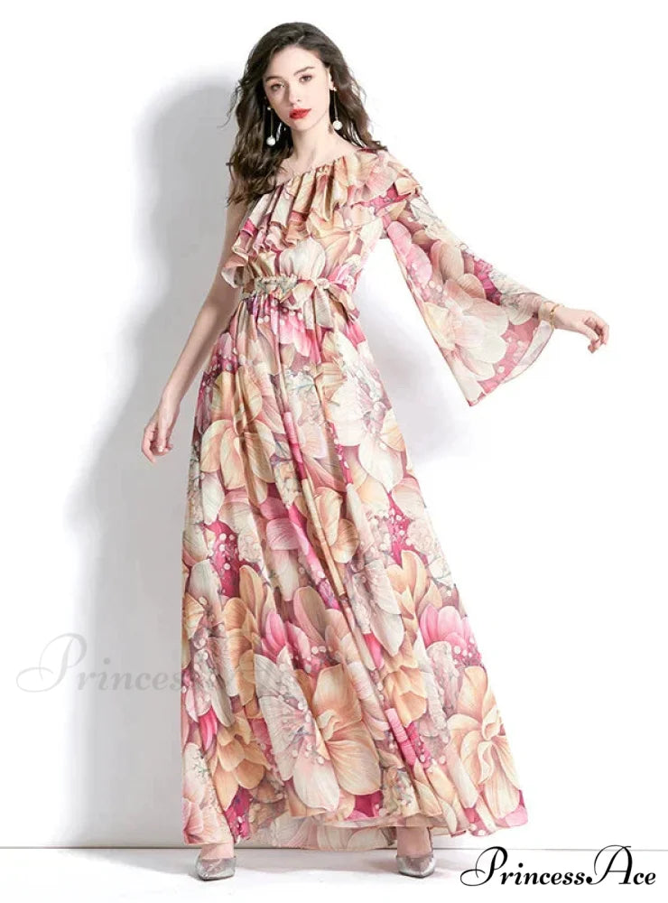 Ruffled Beach Print Dress with One-Shoulder XL / BLACK
