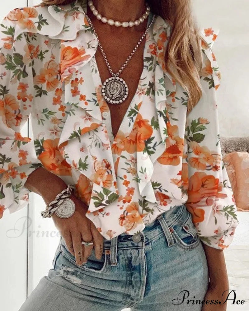 Ruffled Blouse by Vera Orange flower / S