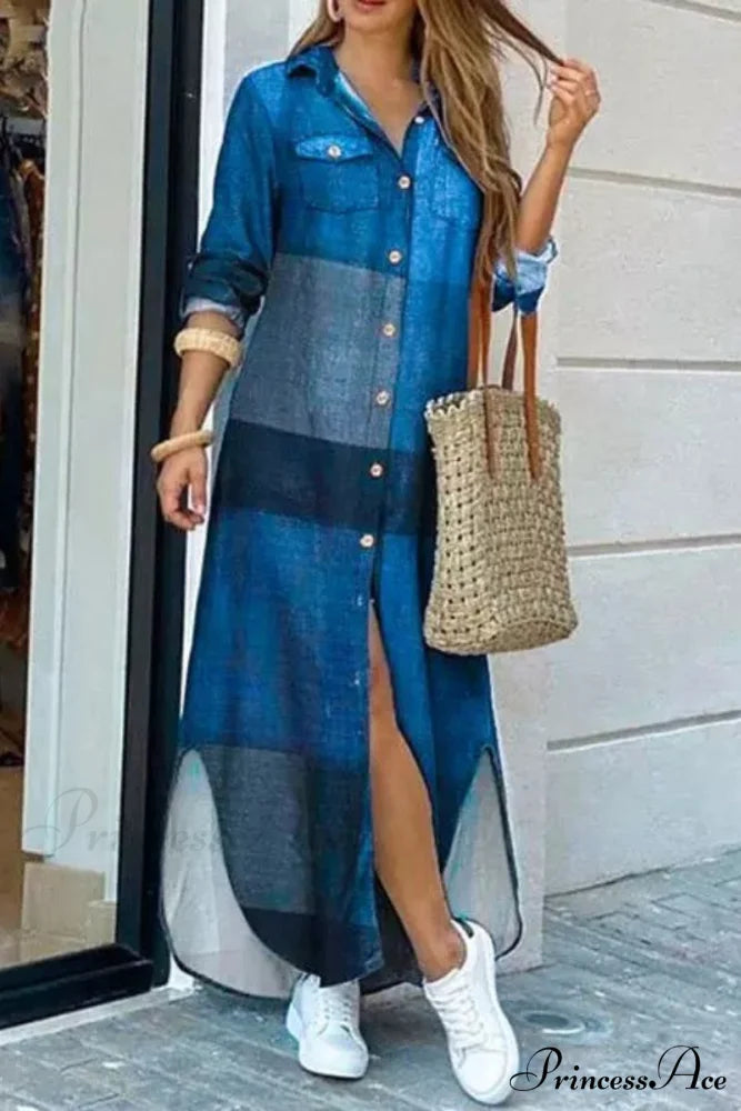 Ruffled Denim Graceful Button Midi Dress Blue / S