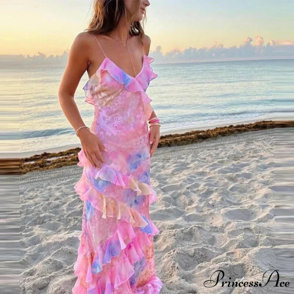 Ruffled Floral Print Holiday Dress pink / S vacationdress-250223