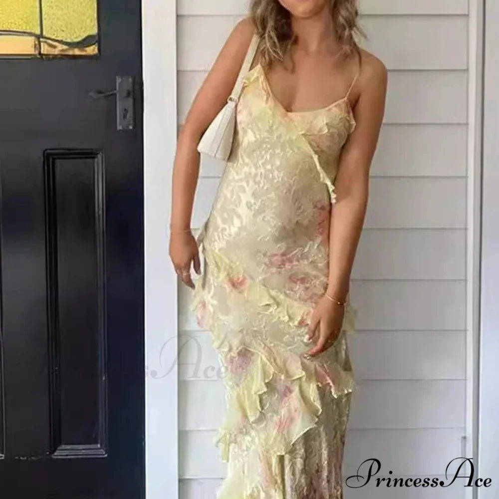 Ruffled Floral Print Holiday Dress yellow / S vacationdress-250223