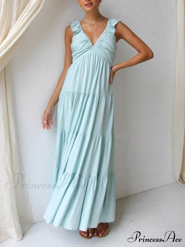 Ruffled Flying Sleeves Smocked Graceful Back Tiered Vacation Maxi Dress Sky Blue / S