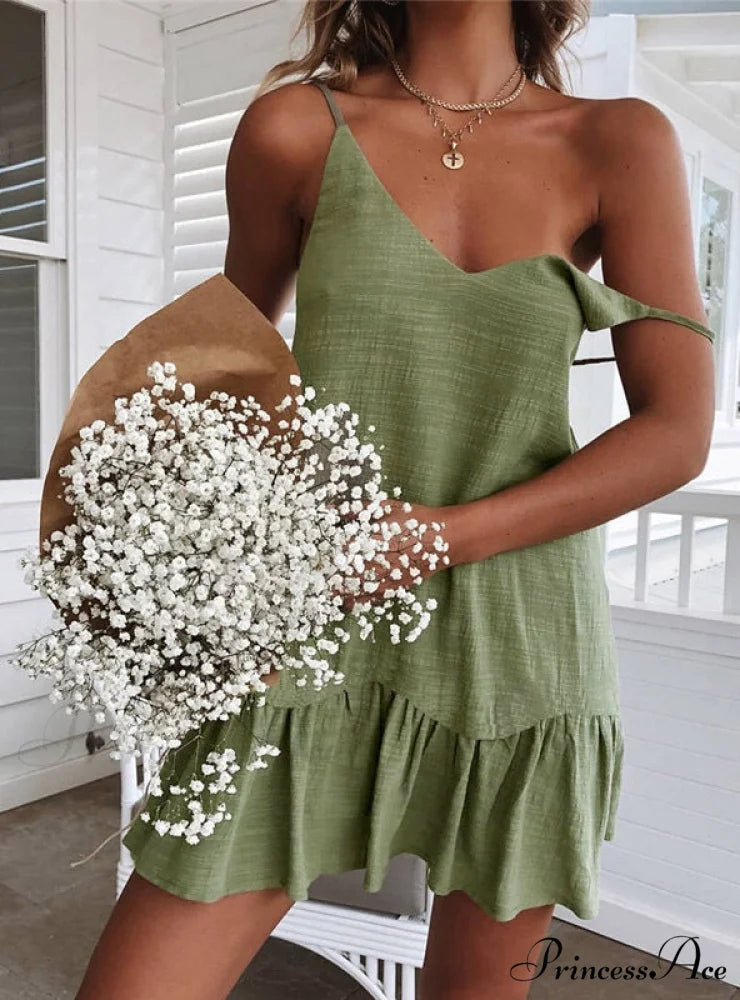 RUFFLED MINI DRESS WITH SHOULDER HALTER S / GREEN