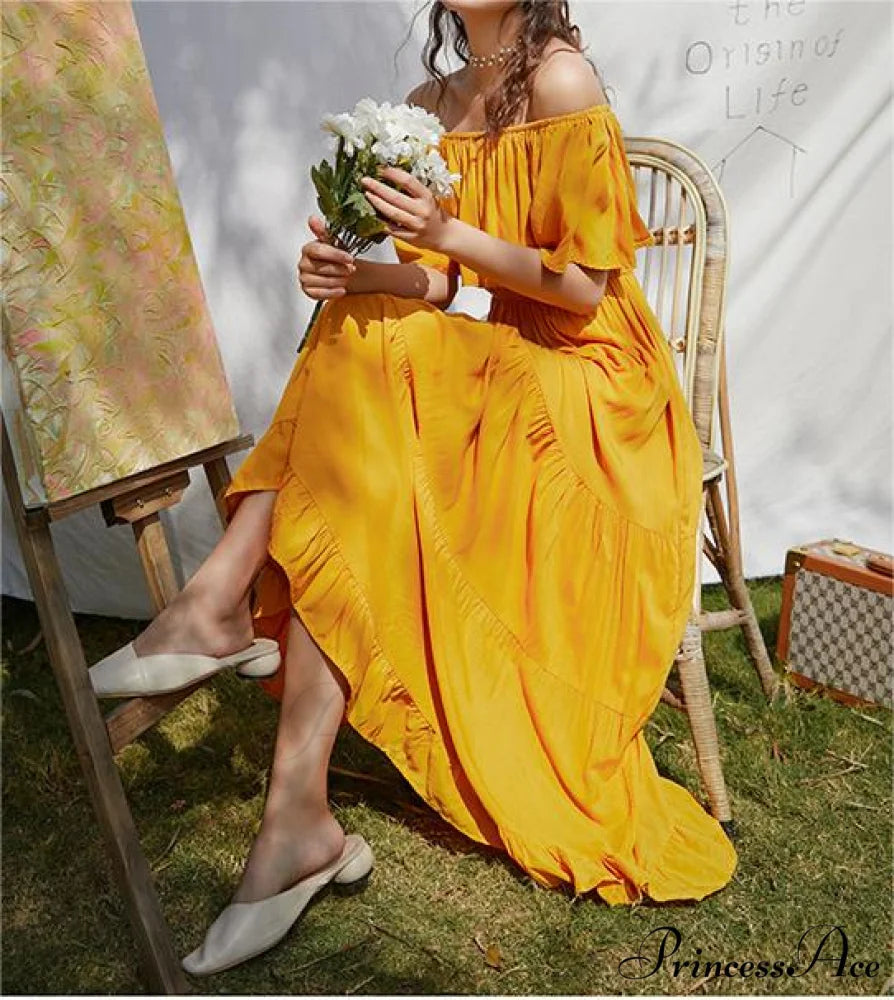 Ruffled Romance Off Charming The Shoulder Maxi Dress Yellow / S