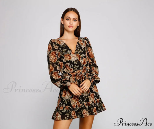 Ruffled Romance Stylish Floral Skater Dress BLACK / XS