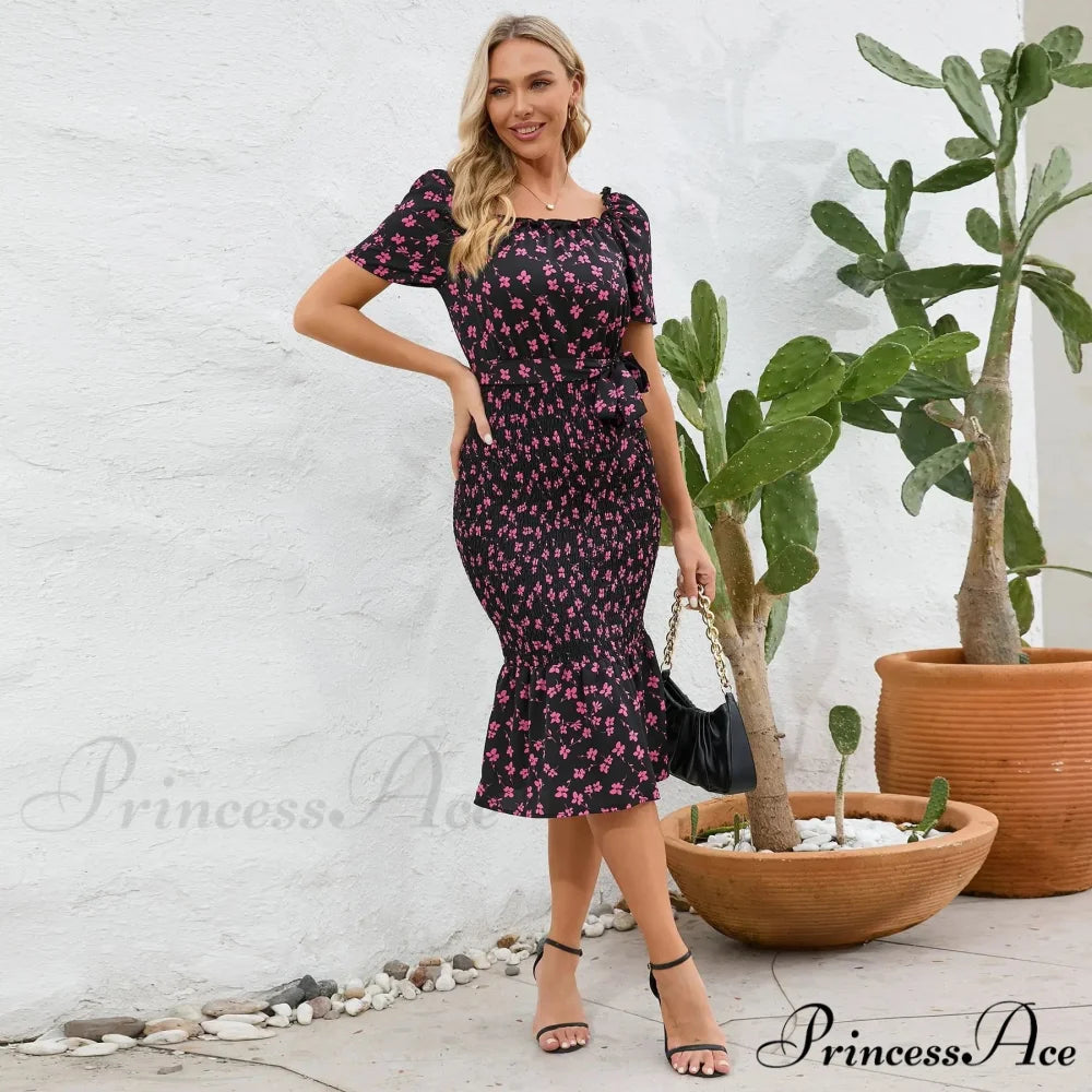 Ruffled Sexy Hip Wrap Skirt Summer Elastic Waist Square Collar Skirt Women Trending Clothing Floral Dress