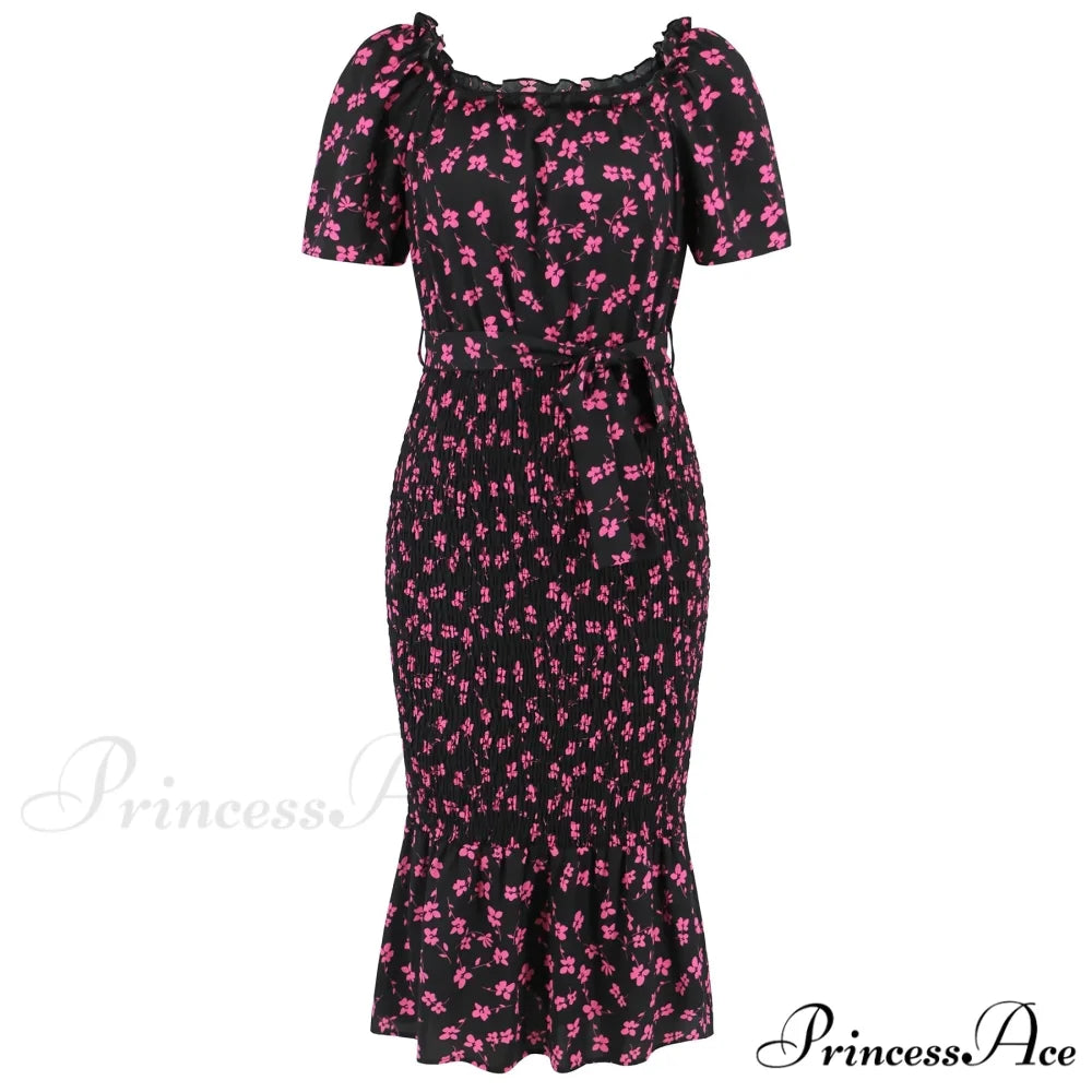 Ruffled Sexy Hip Wrap Skirt Summer Elastic Waist Square Collar Skirt Women Trending Clothing Floral Dress Black / S