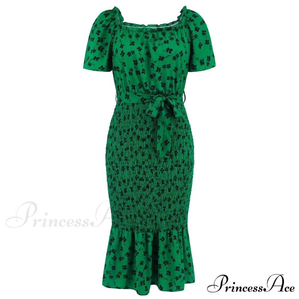 Ruffled Sexy Hip Wrap Skirt Summer Elastic Waist Square Collar Skirt Women Trending Clothing Floral Dress Green / S