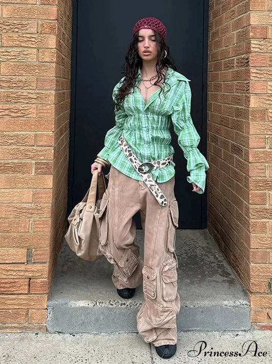 Ruffled Shirt with Folded Collar Green / S blouse-250223