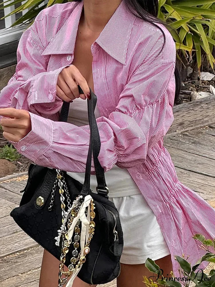 Ruffled Shirt with Folded Collar Pink / S blouse-250223