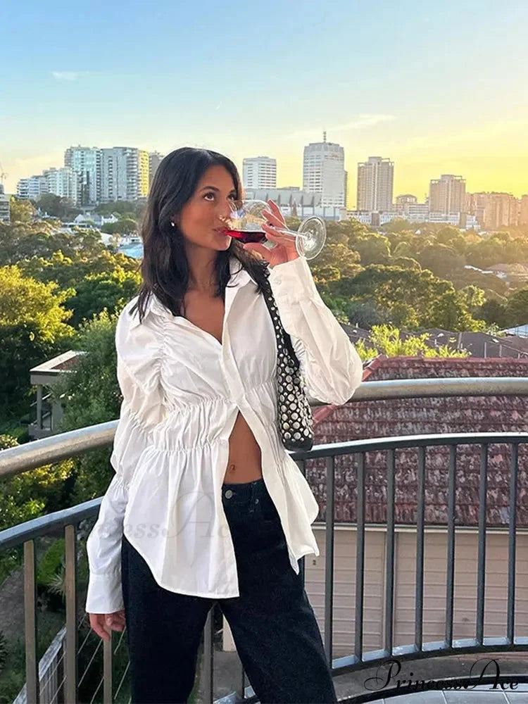 Ruffled Shirt with Folded Collar White / S blouse-250223