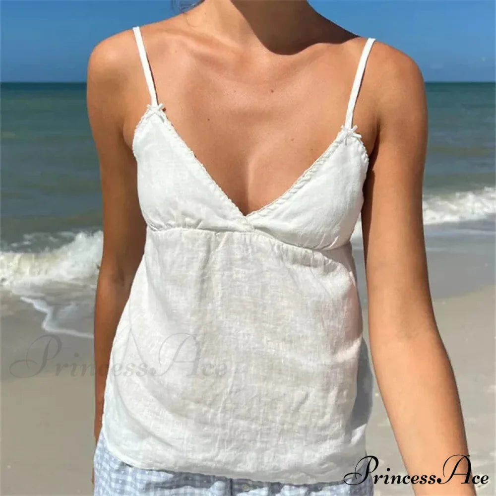 Ruffled Thin Strap Midriff Top white 3 / S croptop-250223