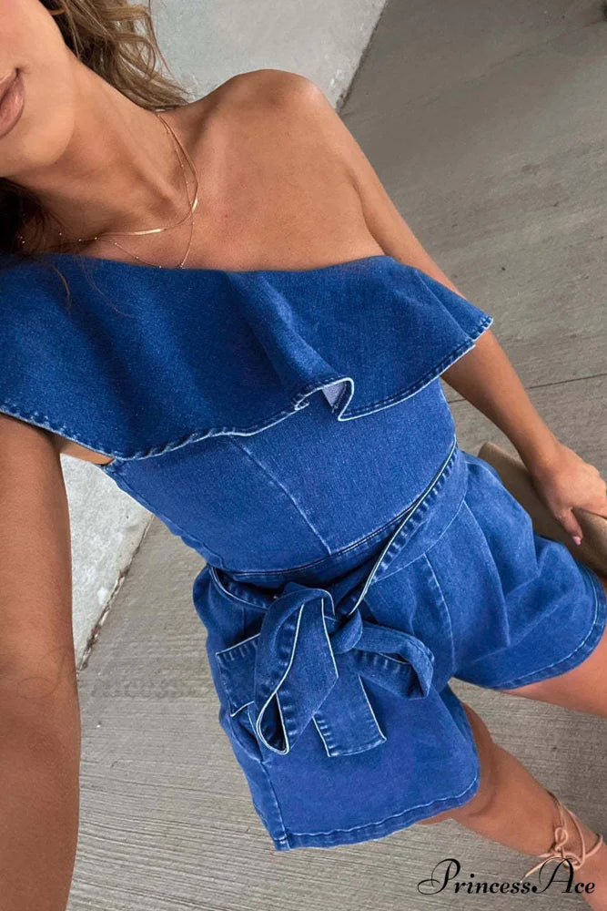 Ruffled Tie-waist Denim Rompers with Slop Shoulder Blue / XL