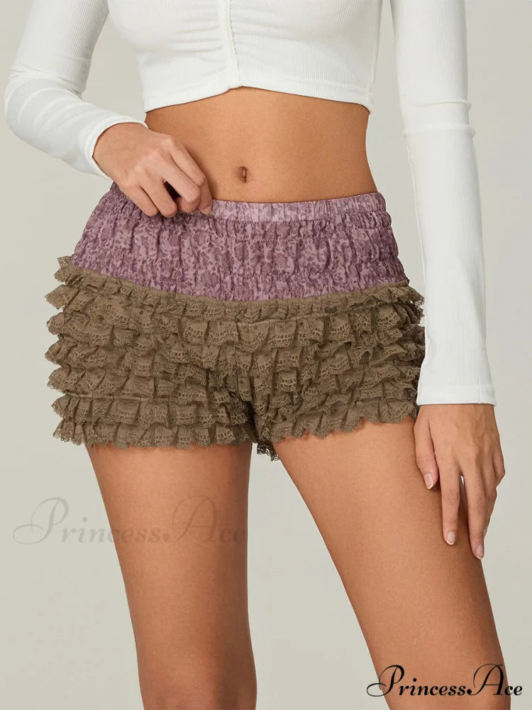 Ruffled Tiered Patchwork Short Brown / S short-250223