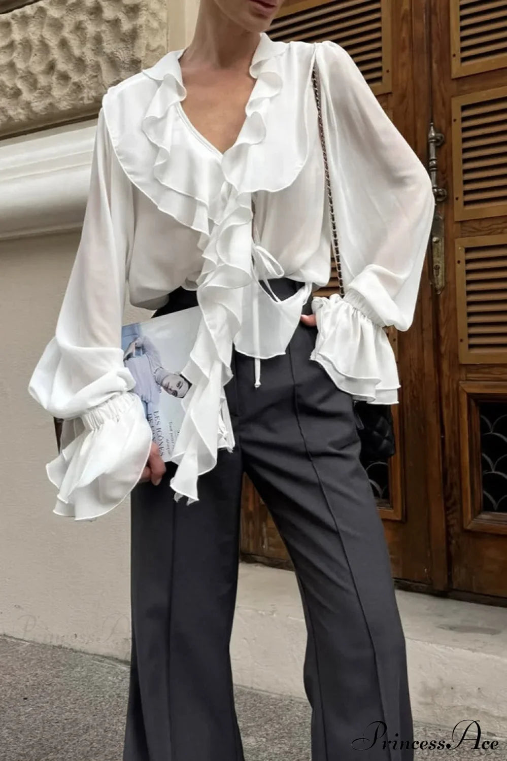 Ruffled V-Neck Long-Sleeve Tie-Waist French Blouse White / S