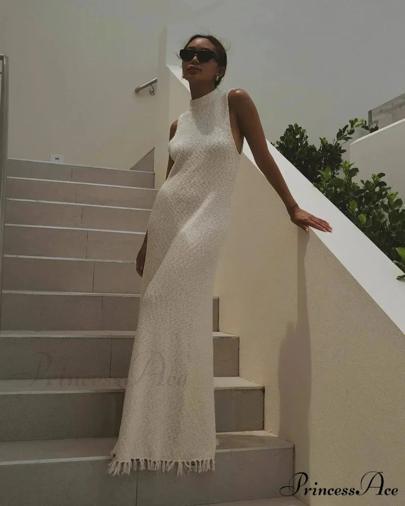 Ruffles Backless Maxi Dress WHITE / S