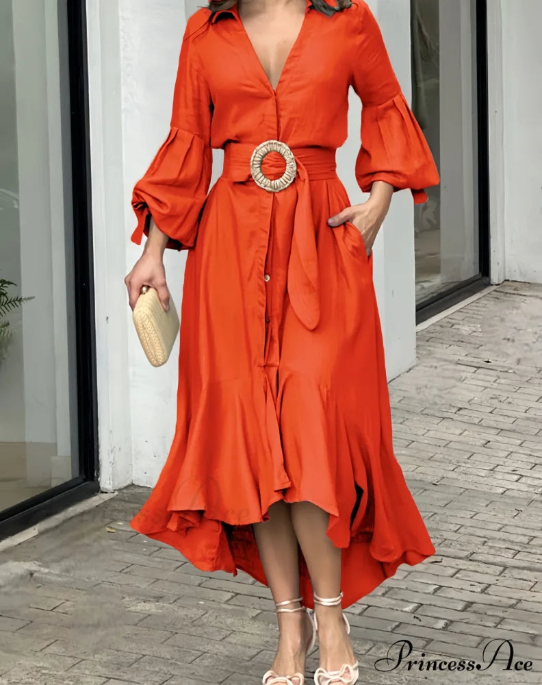 Ruffles Belt V Neck Dress with Long Sleeves S / Black