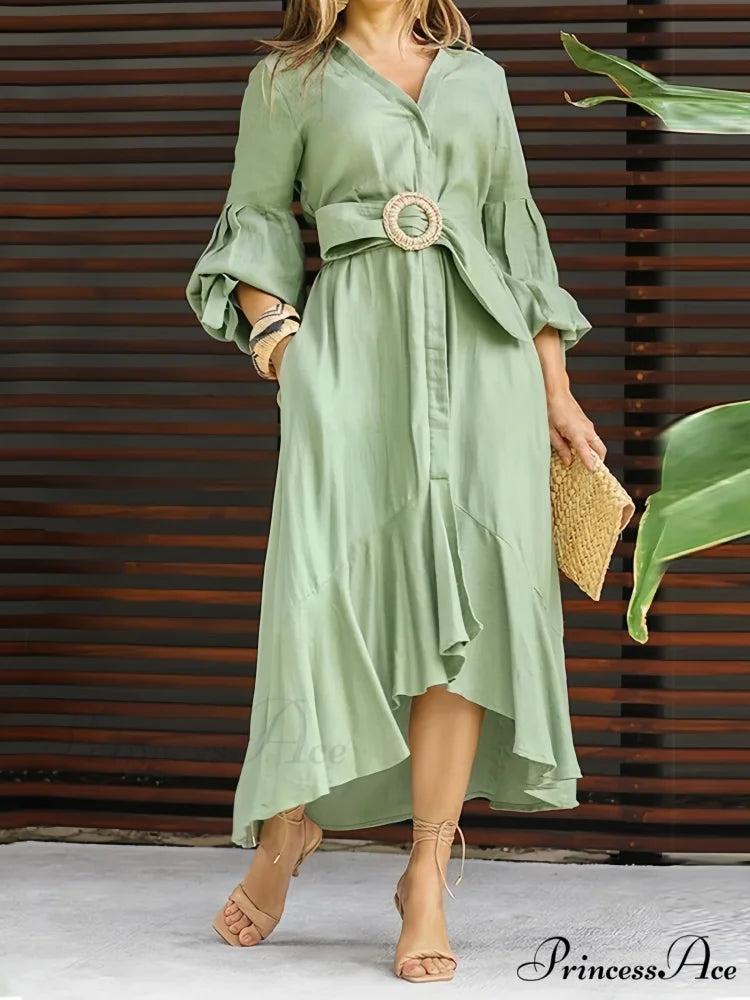 Ruffles Belt V Neck Dress with Long Sleeves S / Blue