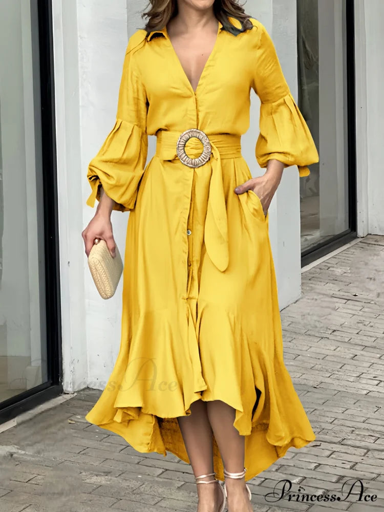 Ruffles Belt V Neck Dress with Long Sleeves S / Green