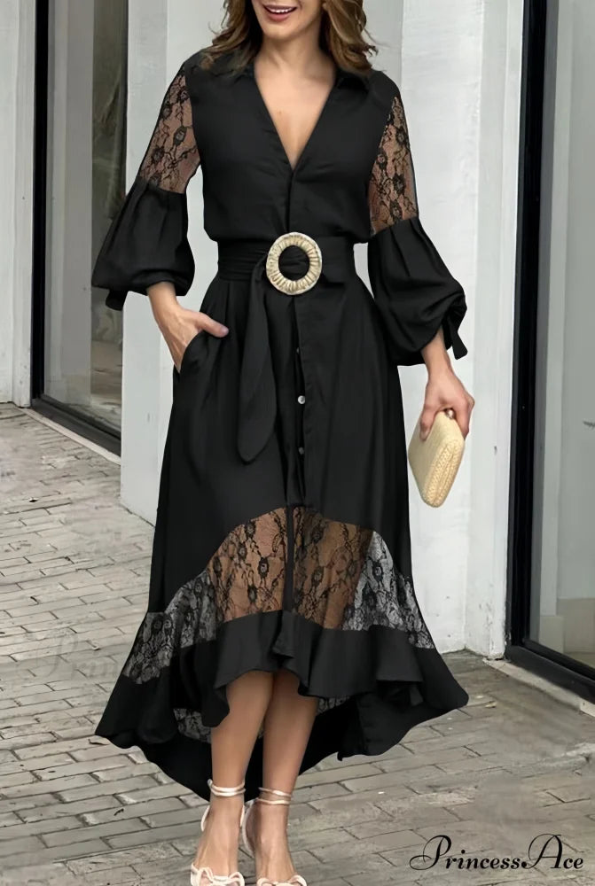 Ruffles Belt V Neck Dress with Long Sleeves S / White