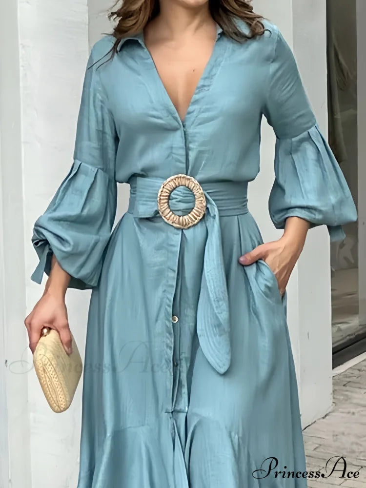 Ruffles Belt V Neck Dress with Long Sleeves S / Yellow