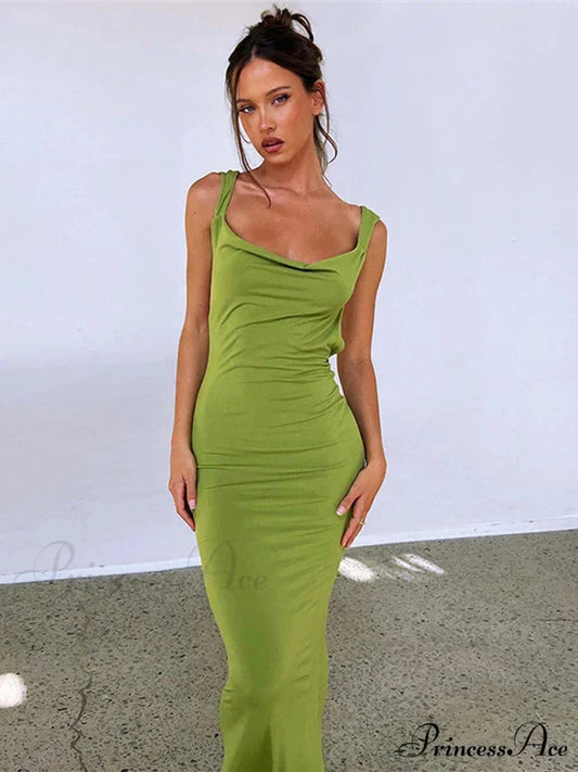 Ruffles Green Straps Backless Elegant Bodycon Evening Maxi Dress Green / S