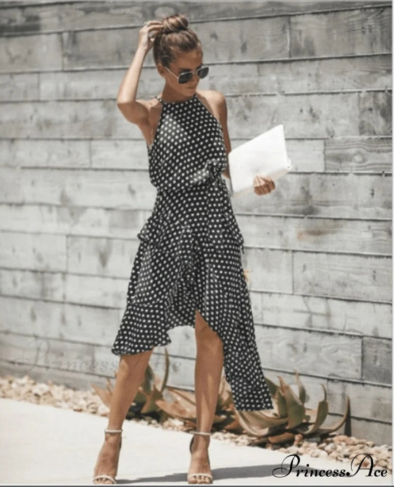 Ruffles Halter Irregular Lace Up Dress black / S