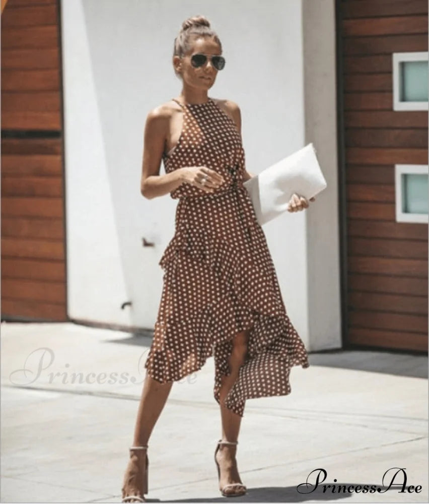 Ruffles Halter Irregular Lace Up Dress brown / S