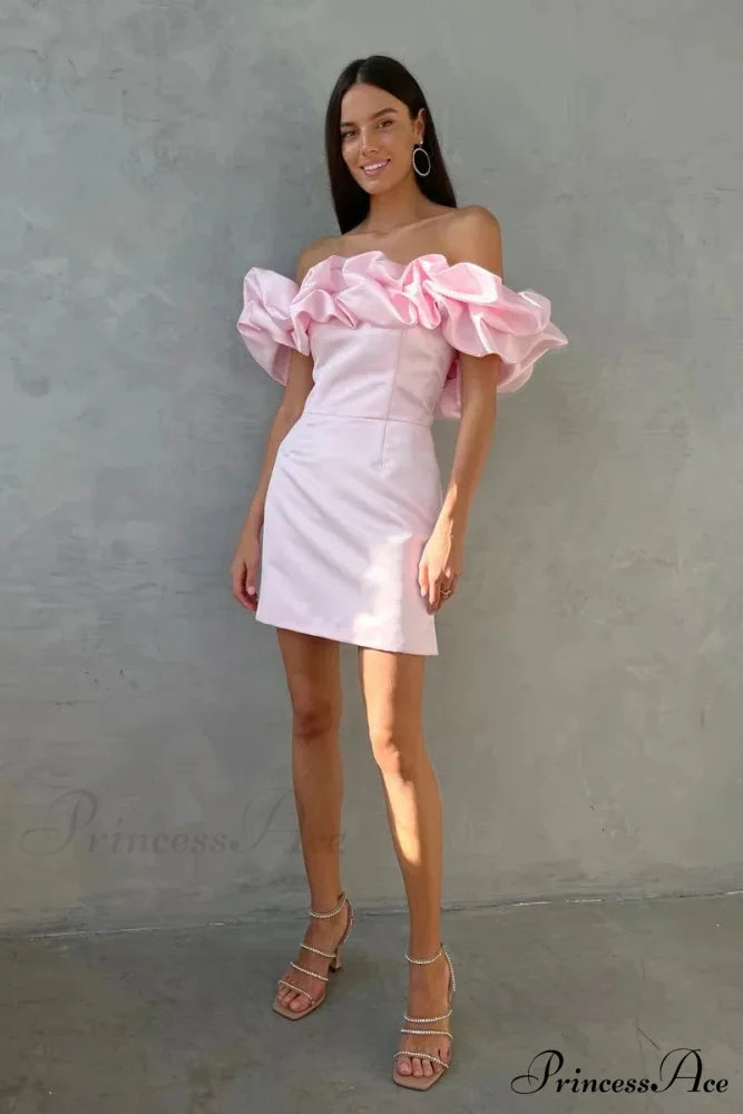 Ruffles Off-shoulder Stylish Bodycon Mini Dress with lining pink / XS
