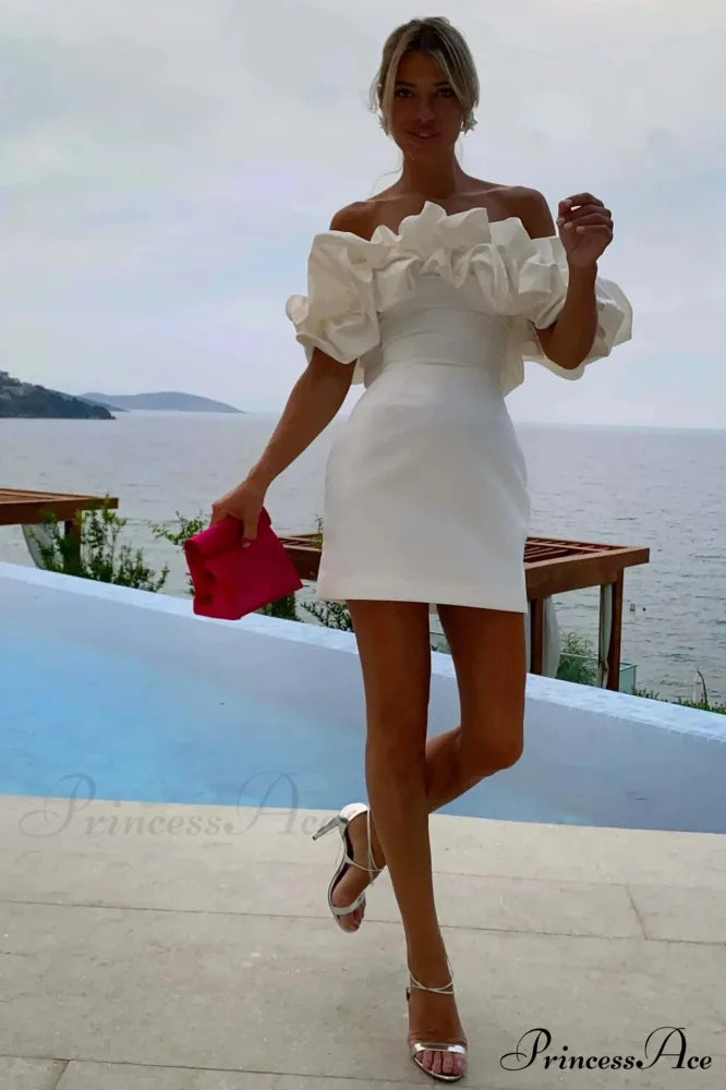 Ruffles Off-shoulder Stylish Bodycon Mini Dress with lining white / XS