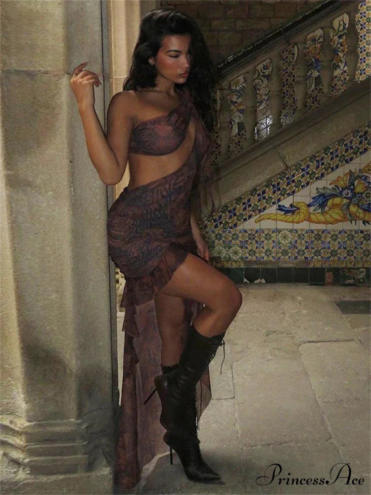 Ruffles Print One Shoulder Hollow Out Mini Backless Sleeveless Flower Matching Ruched Party Women’s Midi Dress