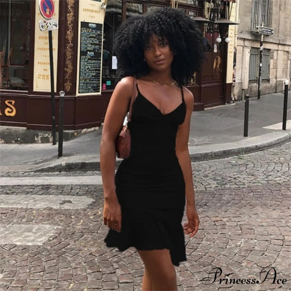 Ruffles Straps Stylish Mini Dress black / S