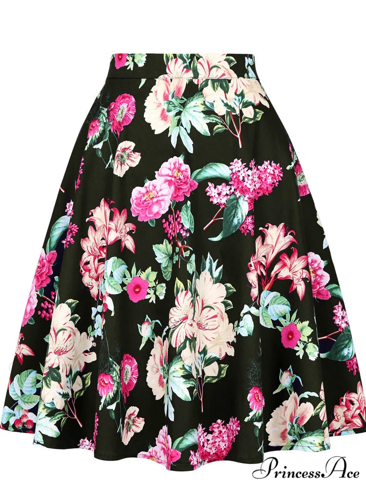 Runway Vintage Rockabilly Midi Skirt black floral / S