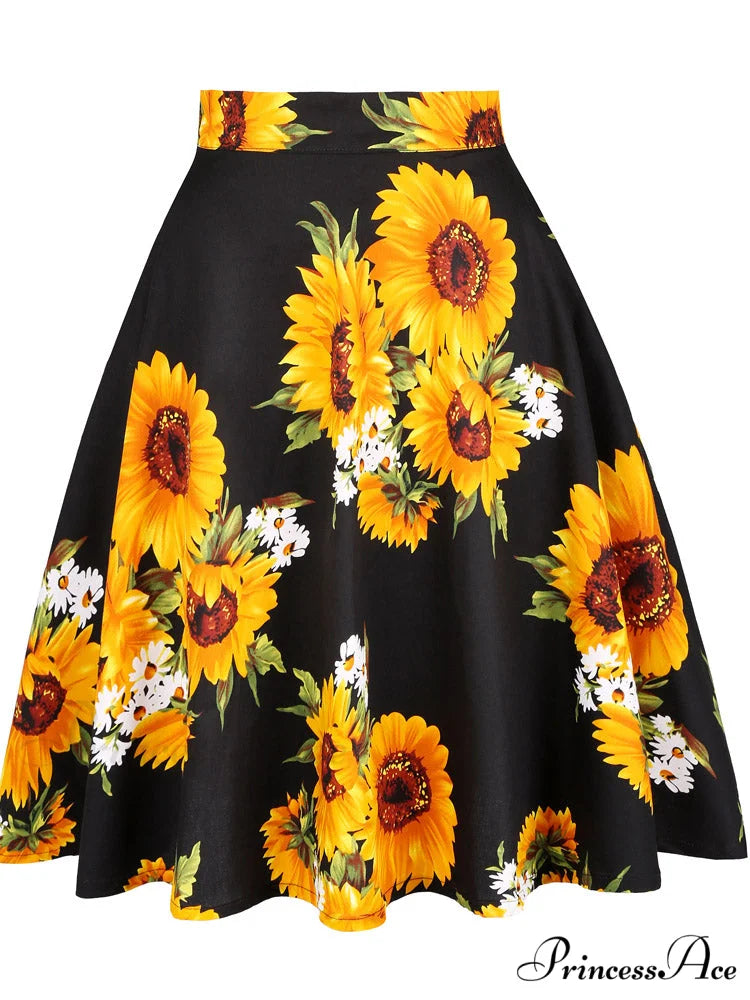 Runway Vintage Rockabilly Midi Skirt sun flower / S