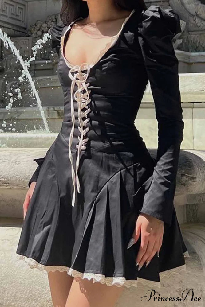 Rushed Lace Up Corset Mini Dress Black / S