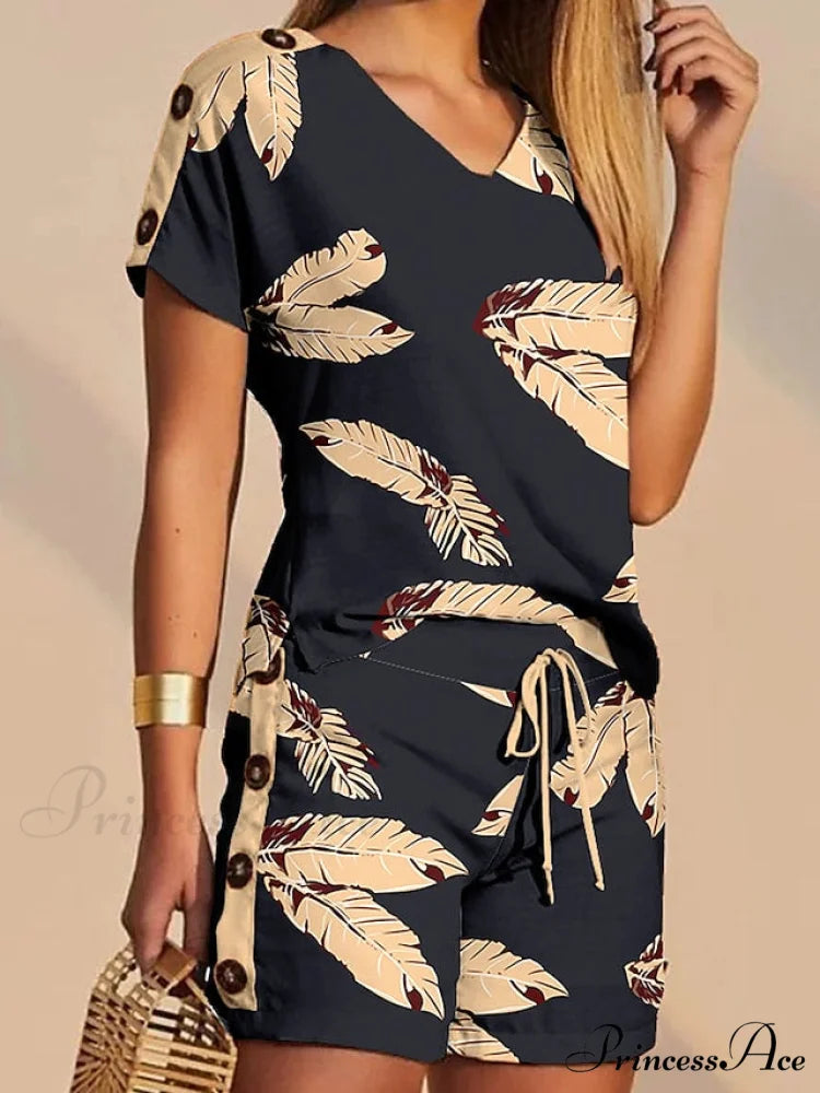 S Tee T Flowered White Shorts Sets Streetwear M Black Women’s XL V Casual Neck Drawstring Design Baggy shirt L Daily