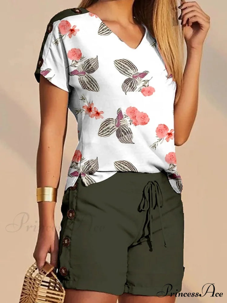 S Tee T Flowered White Shorts Sets Streetwear M Black Women’s XL V Casual Neck Drawstring Design Baggy shirt L Daily