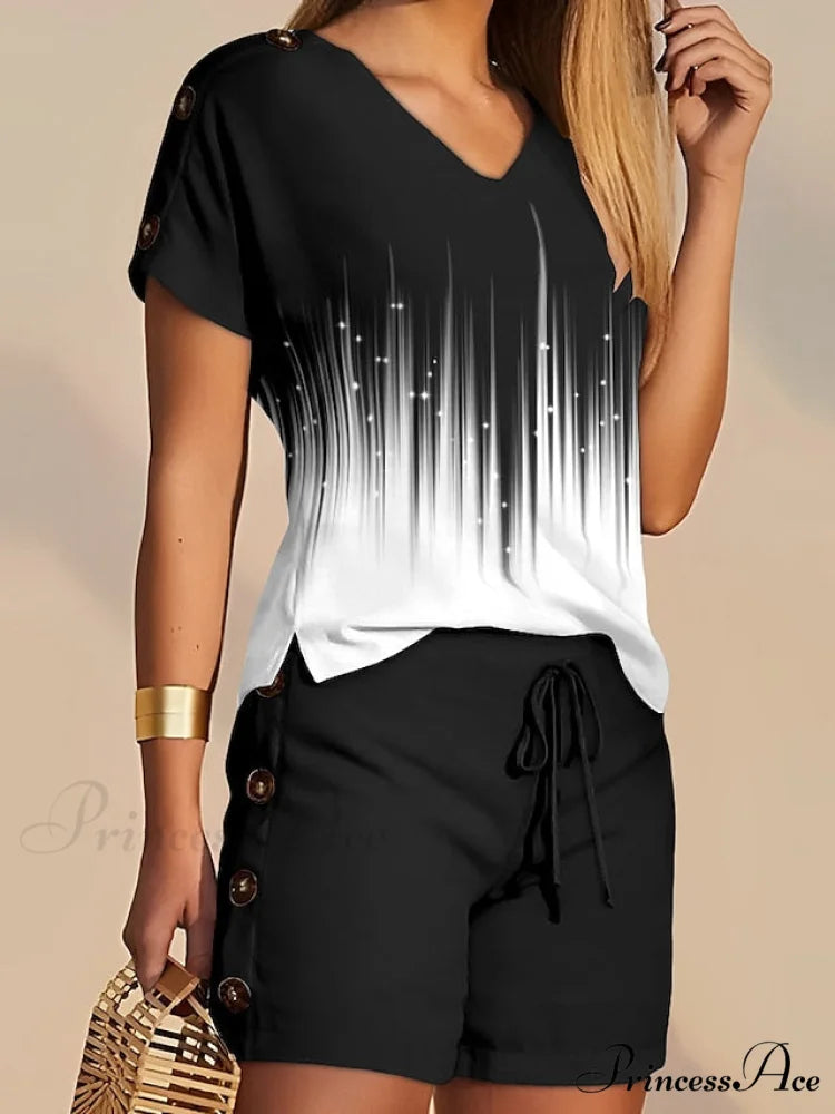 S Tee T Flowered White Shorts Sets Streetwear M Black Women’s XL V Casual Neck Drawstring Design Baggy shirt L Daily