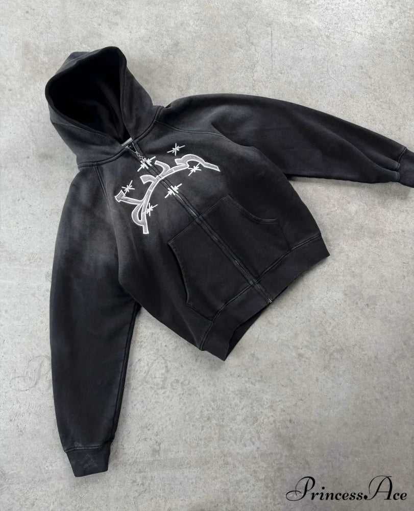 Sacred Stitched Zip Up Hoodie black 5 / M hoodies-241228
