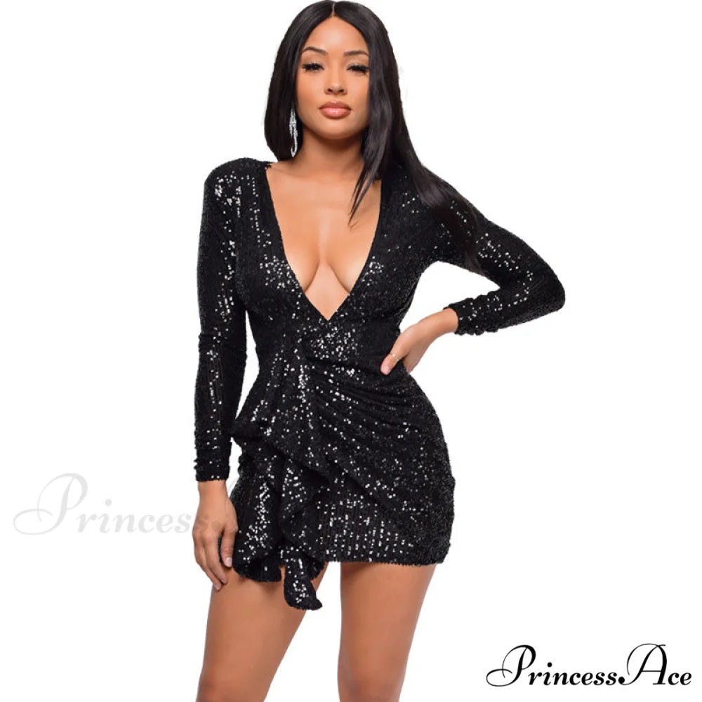 Sadie Formal Long Charming Sleeve Sequin Mini Dress BLACK / S
