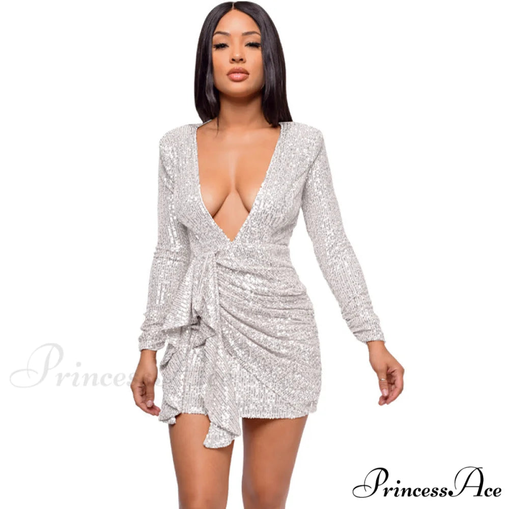 Sadie Formal Long Charming Sleeve Sequin Mini Dress SILVERY / S