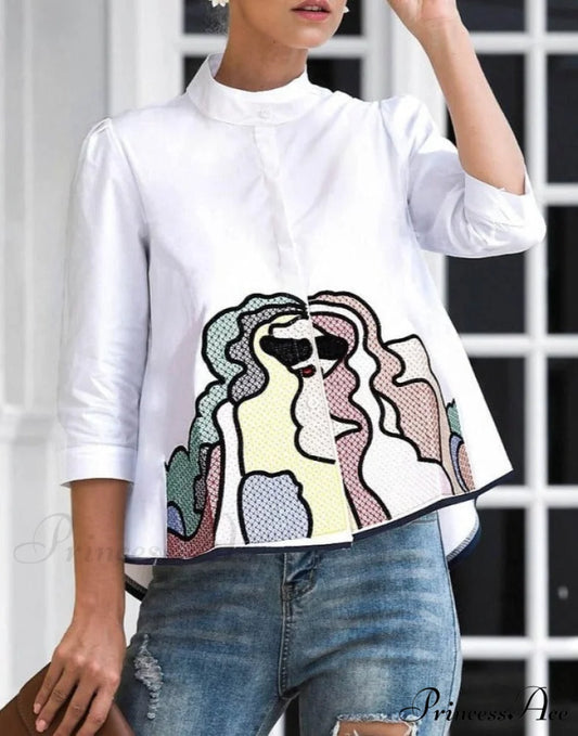 Sana Embroidered Shirt White Abstract / S