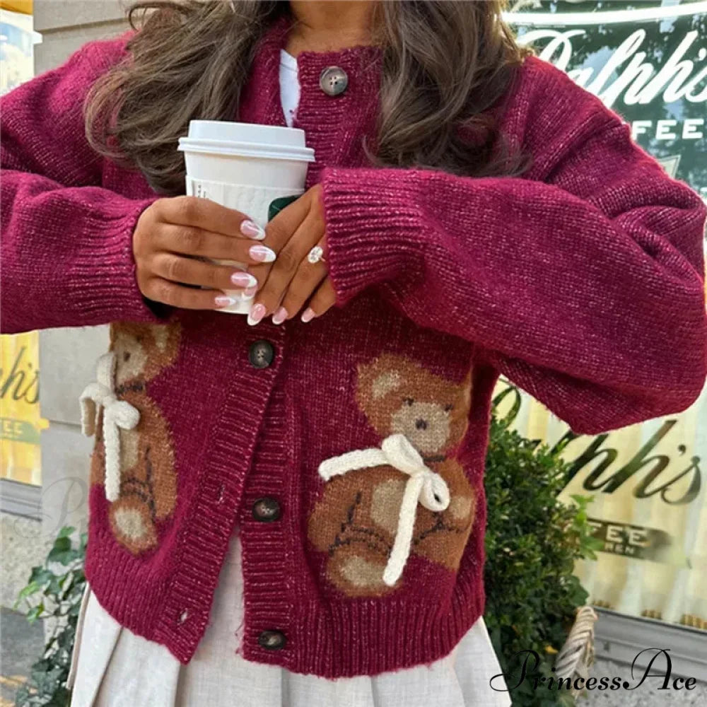 Santa Snowman Embroidery Cardigan wine / S
