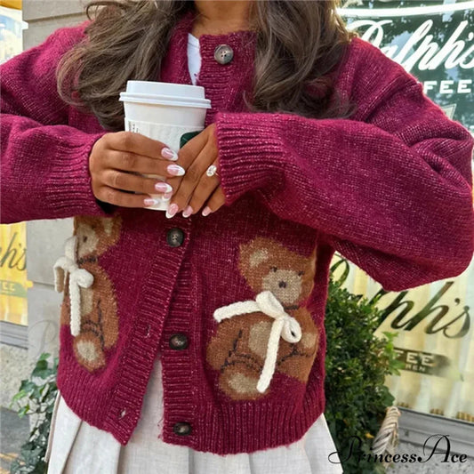 Santa Snowman Embroidery Cardigan wine / S