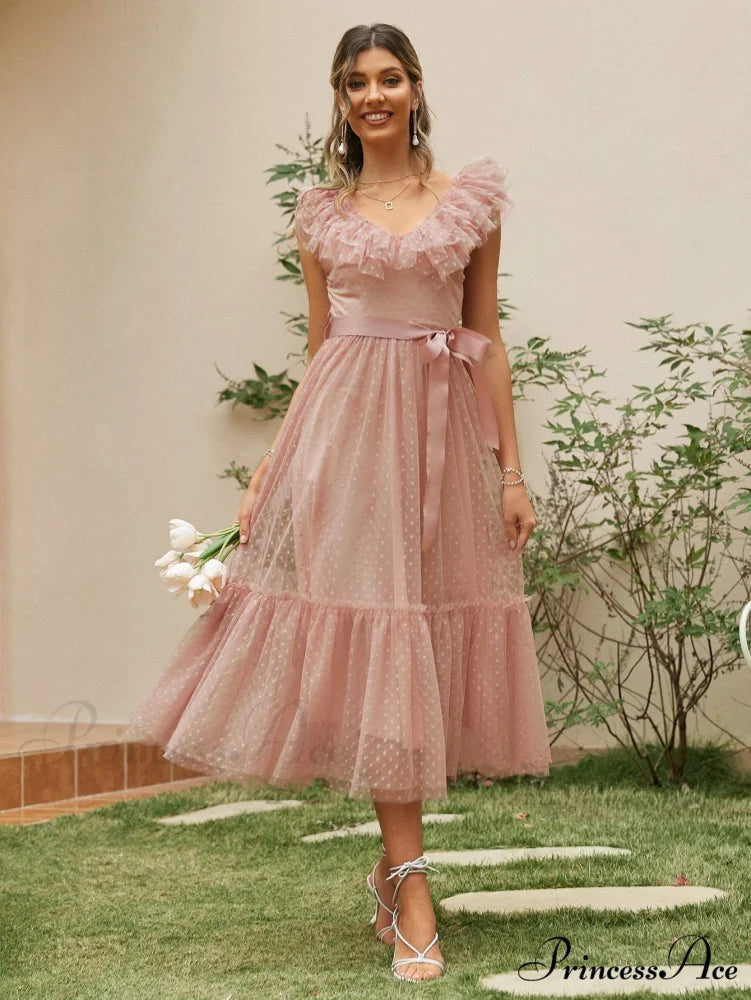 Sash Polka - Backless Mesh Party Full-Length Ruffle Sleeveless Dot Elegant - Tulle Warm-Season Pink V-neck Gown Vestido